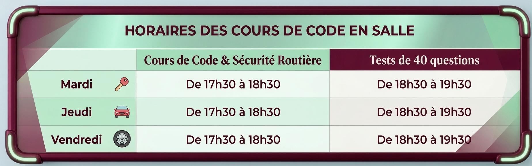 Horaires cours de code en salle