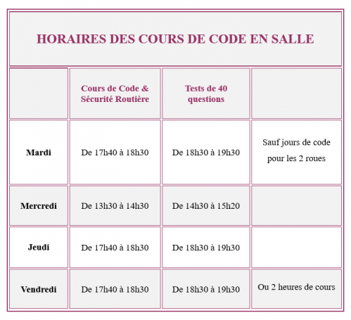 Horaires cours de code en salle